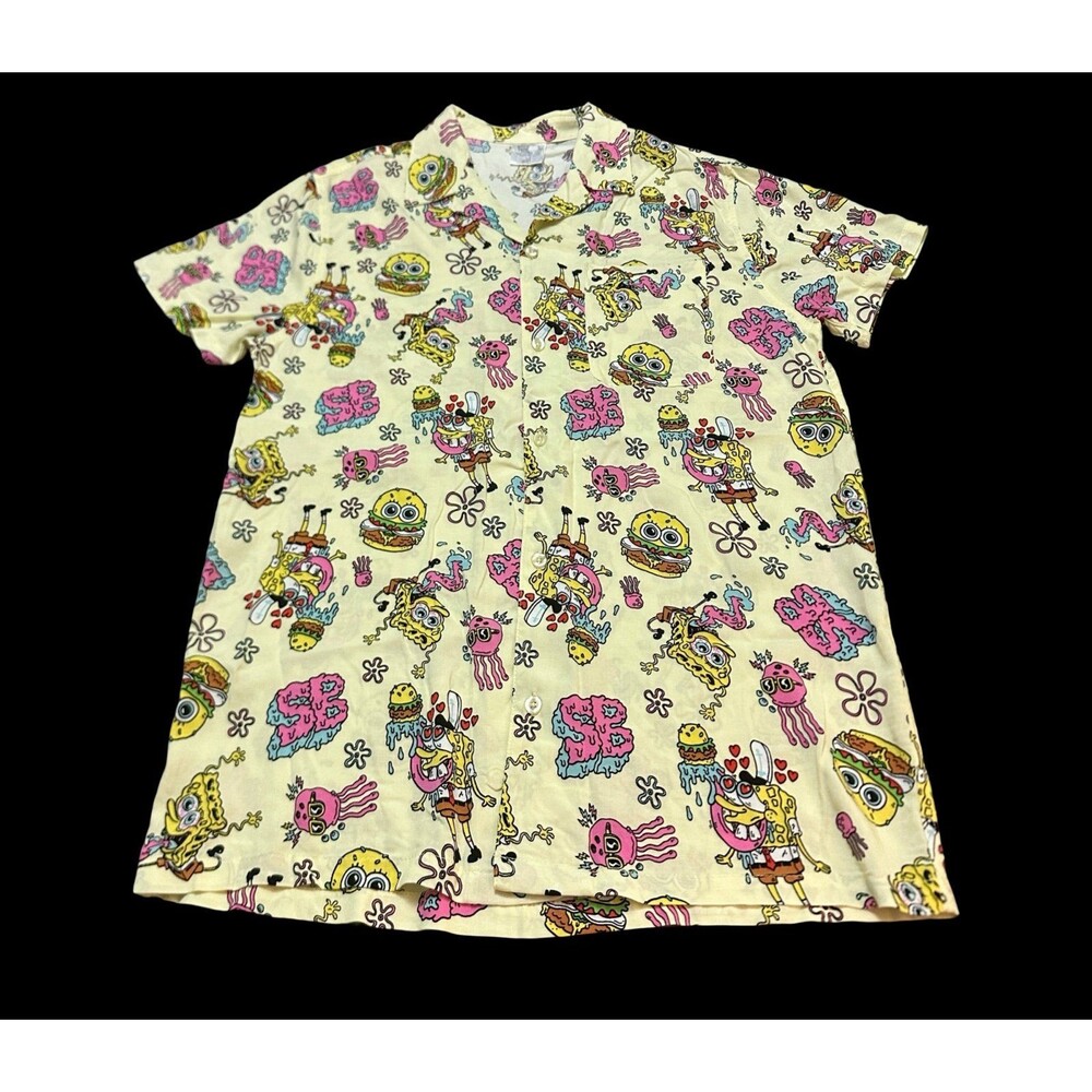SpongeBob Squarepants Cream Shirt with Yellow & Pink Cartoon Print L